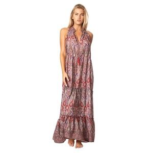 Boemo Women's Paisley Halter Maxi Dress Tiered Tassel Boho Size L Beach Gipsy